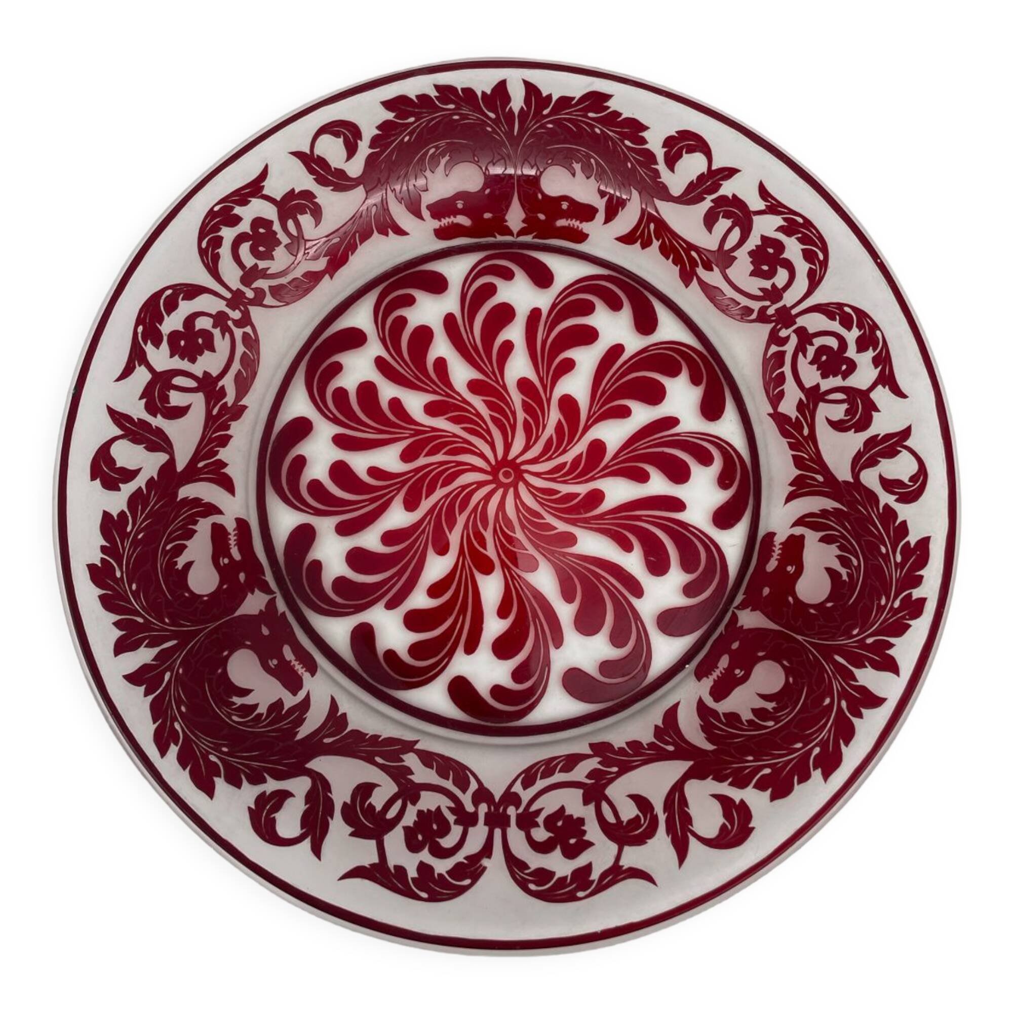 Red cut crystal plate dragon floral pattern