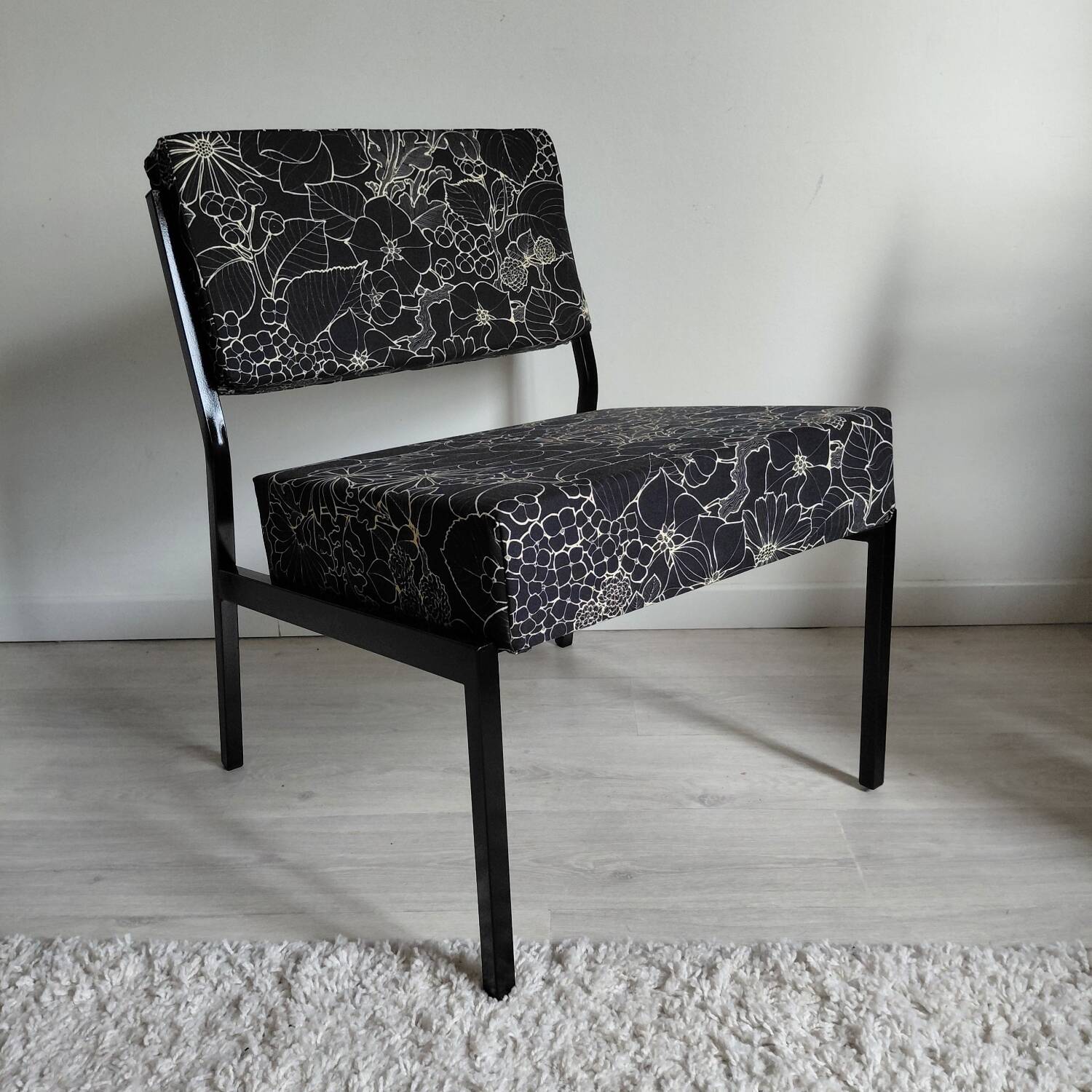 Pair of black metal and fabric armchairs, 1970s, restored.