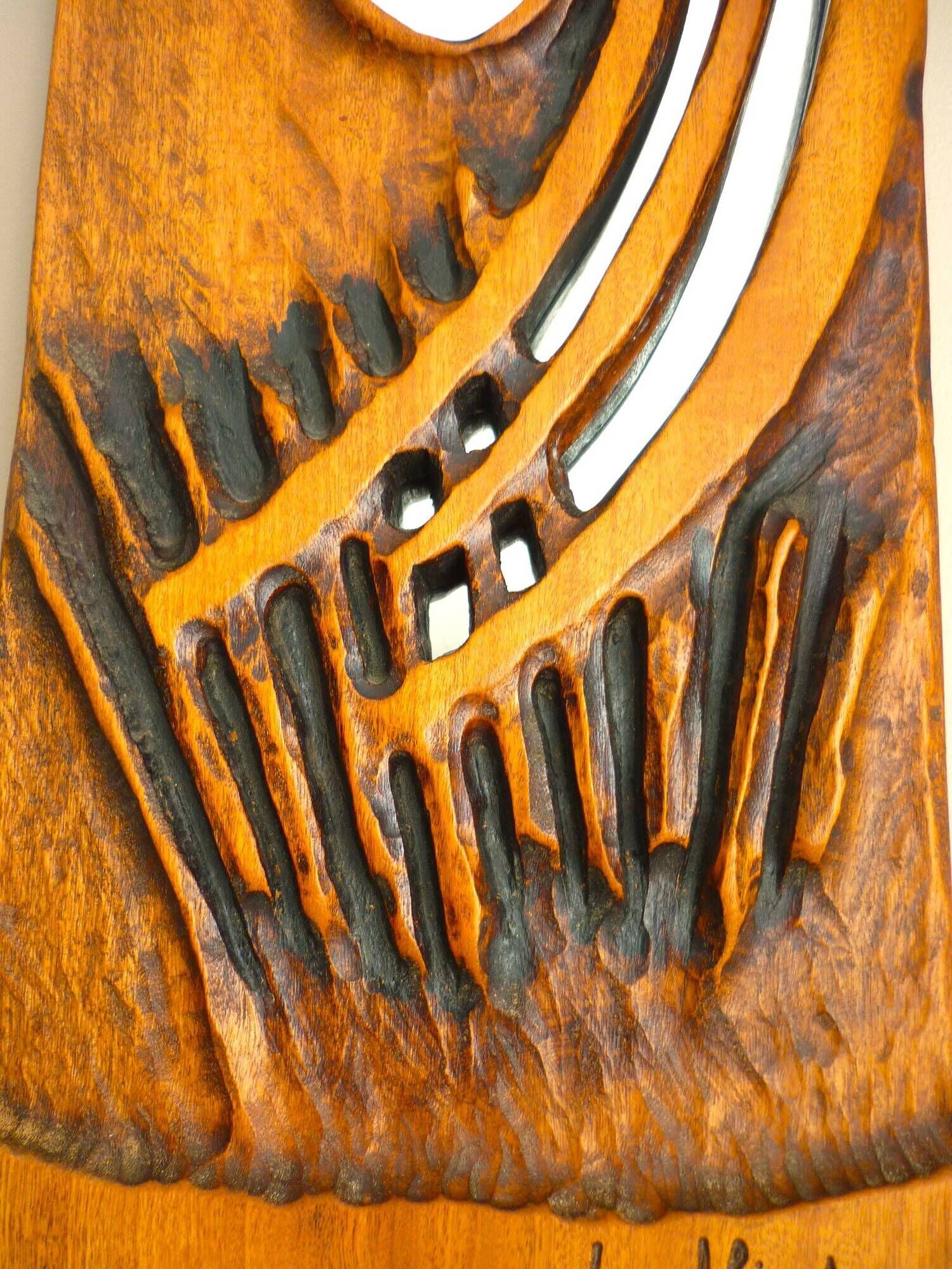 Carved wooden mirror, signed P. Guallino, "le passage", brutalist design from the 80s