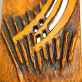 Carved wooden mirror, signed P. Guallino, "le passage", brutalist design from the 80s