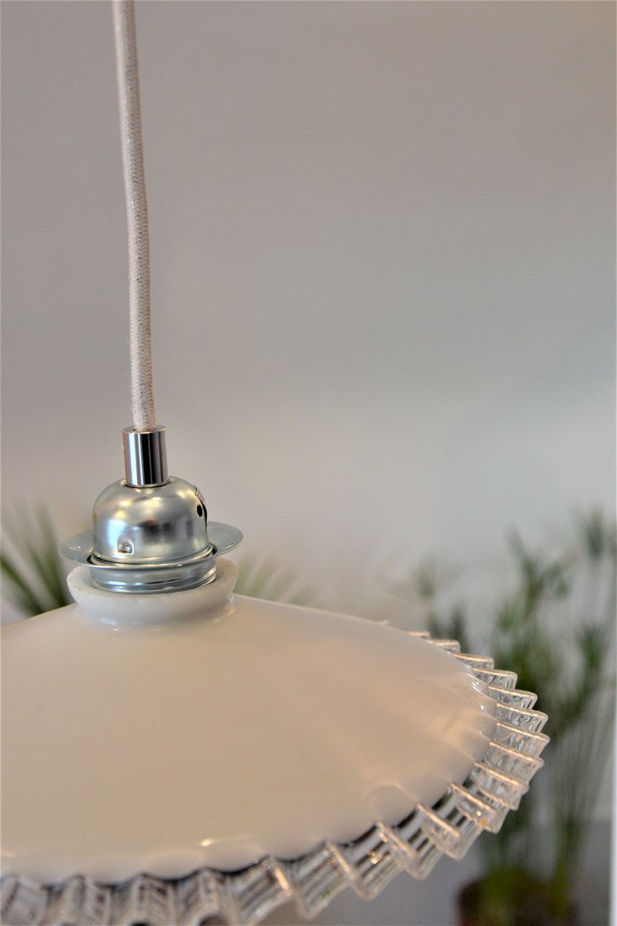 White scalloped opaline hanging and chrome metal sleeve