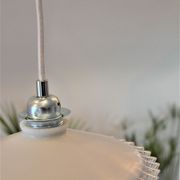 White scalloped opaline hanging and chrome metal sleeve