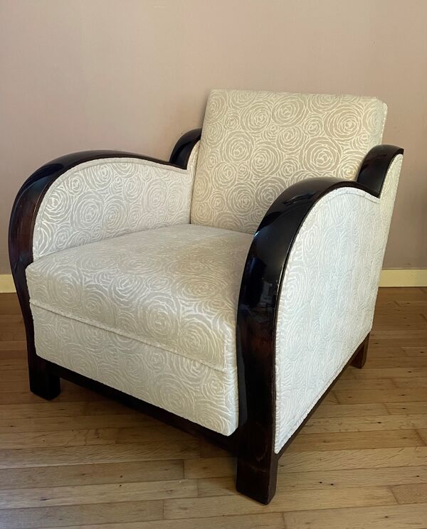 Fauteuil convertible art-déco en hêtre teinté et tissu de velours de coton de couleur ivoire
