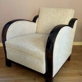 Art-deco convertible armchair in tinted beech and ivory-colored cotton velvet fabric