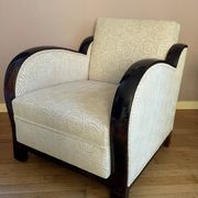 Art-deco convertible armchair in tinted beech and ivory-colored cotton velvet fabric