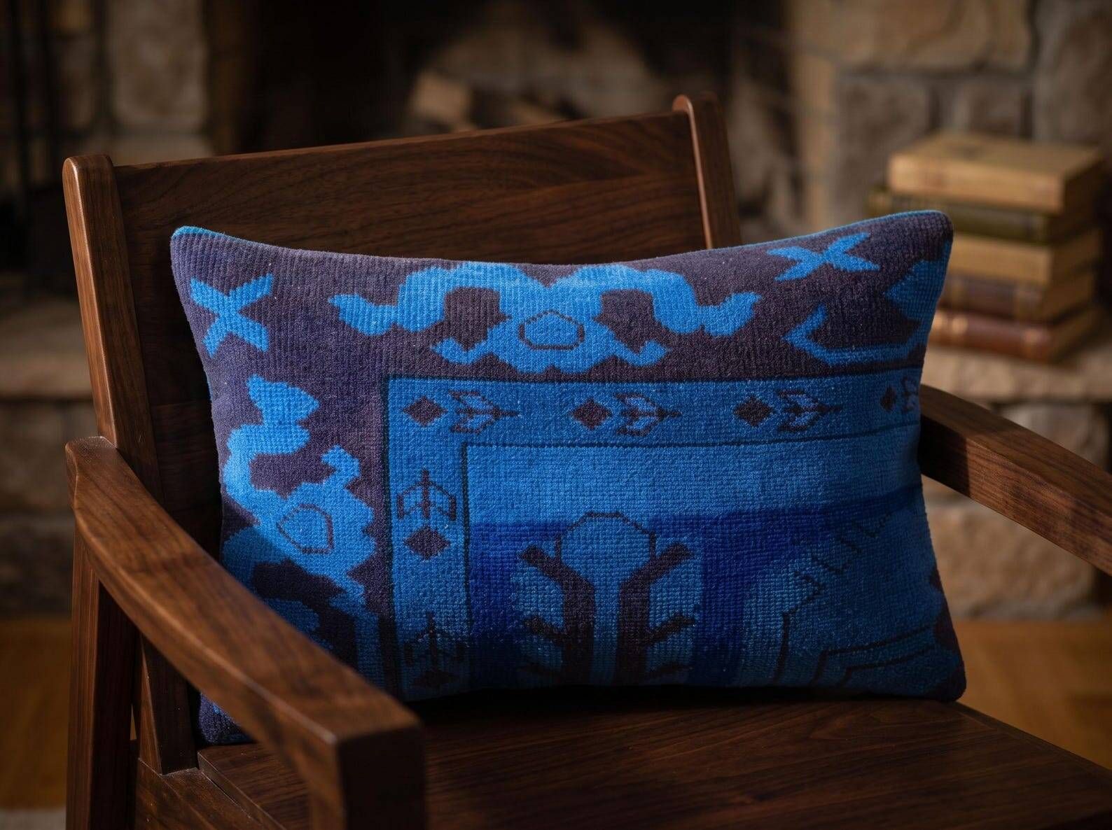 Vintage Turkish Wool Lumbar Pillow, Handmade Blue Geometric Rug Cushion