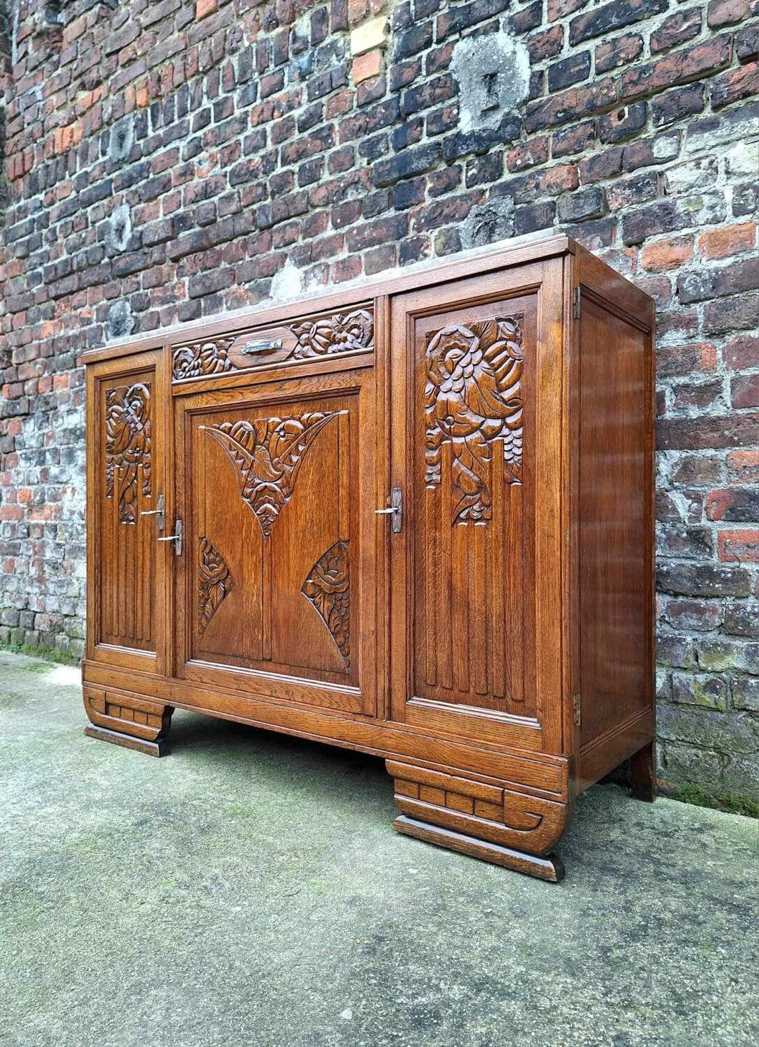 Art deco sideboard marble top, old buffet furniture, vintage dresser