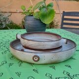 Set of 3 dishes in varnished pyrity sandstone, cream and brown