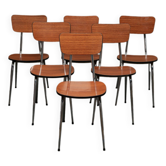 6 caramel-colored Formica chairs in vintage wood from the 1950s