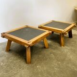 Vintage Pair of oak and slate brutalist end or coffee tables, France 1970s.