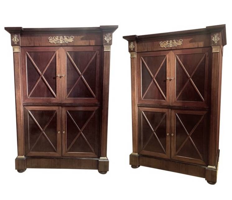 Cabinet, wardrobe or mahogany and ormolu wine bar in French Empire style with four doors.