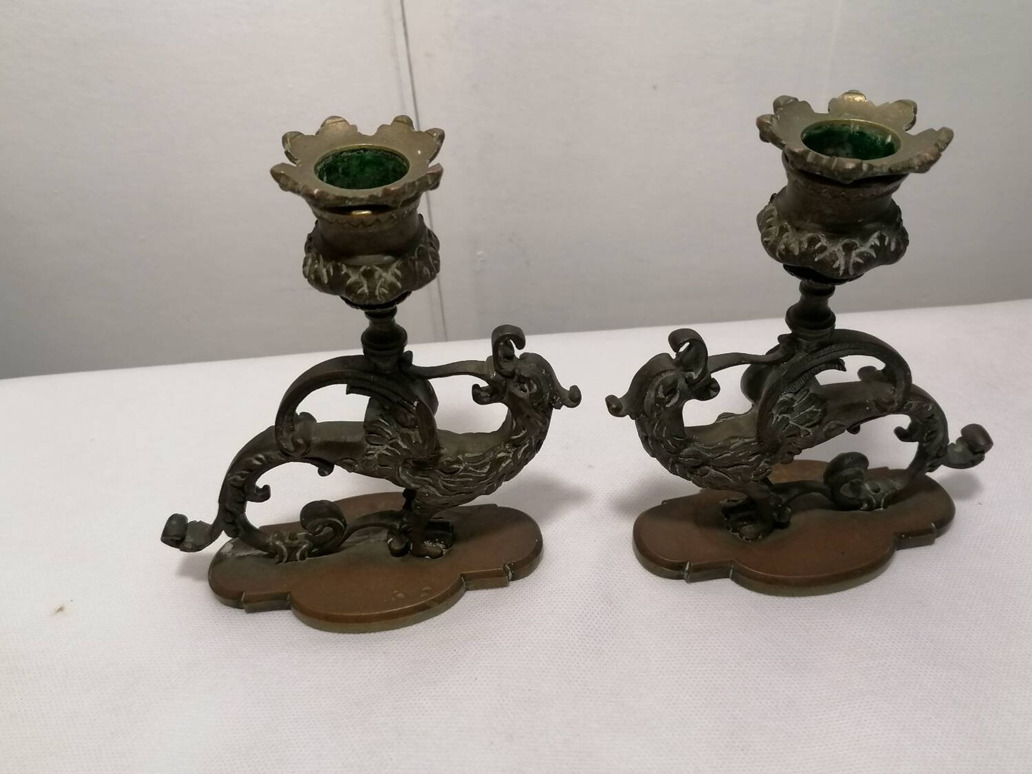 Pair of bronze candlesticks representing chimeras/dragons - 19th century