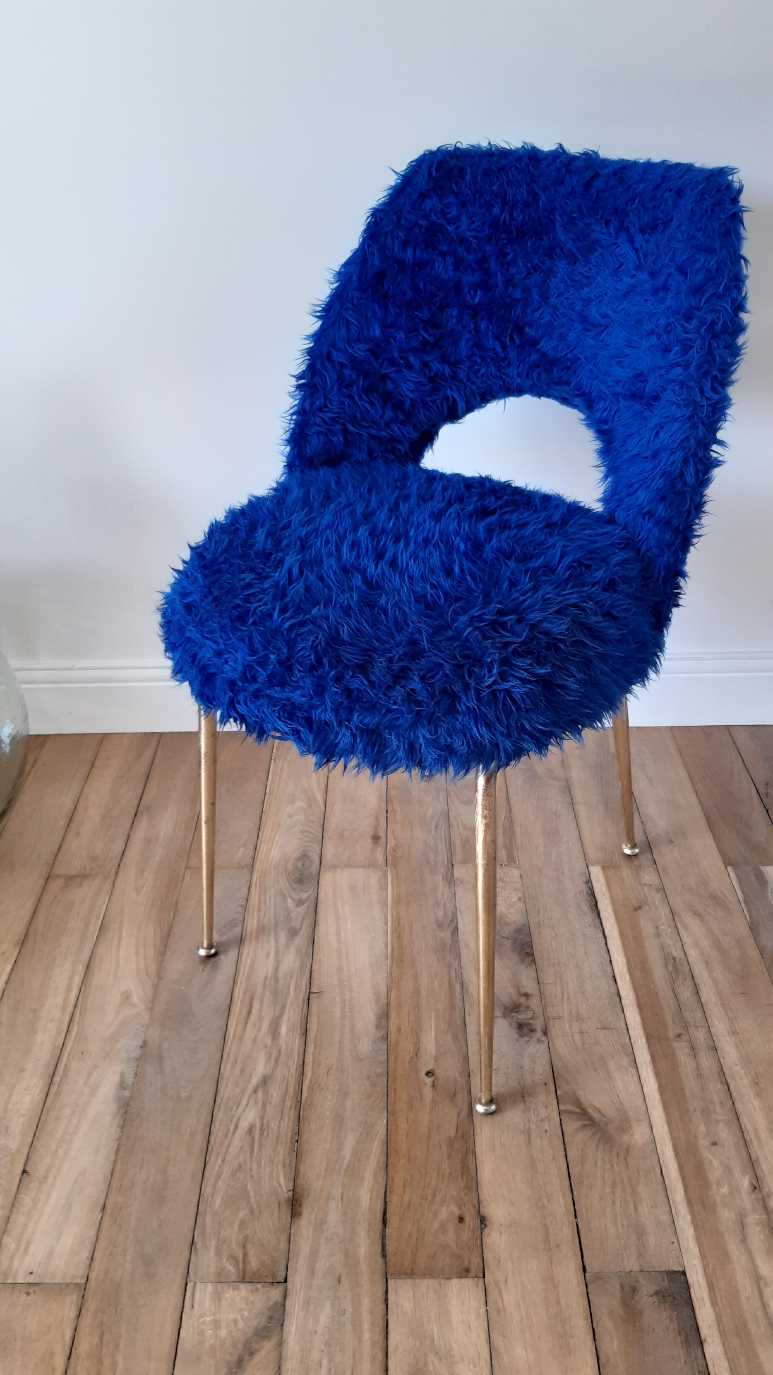 Chair in royal blue moumoute and brass legs 60s