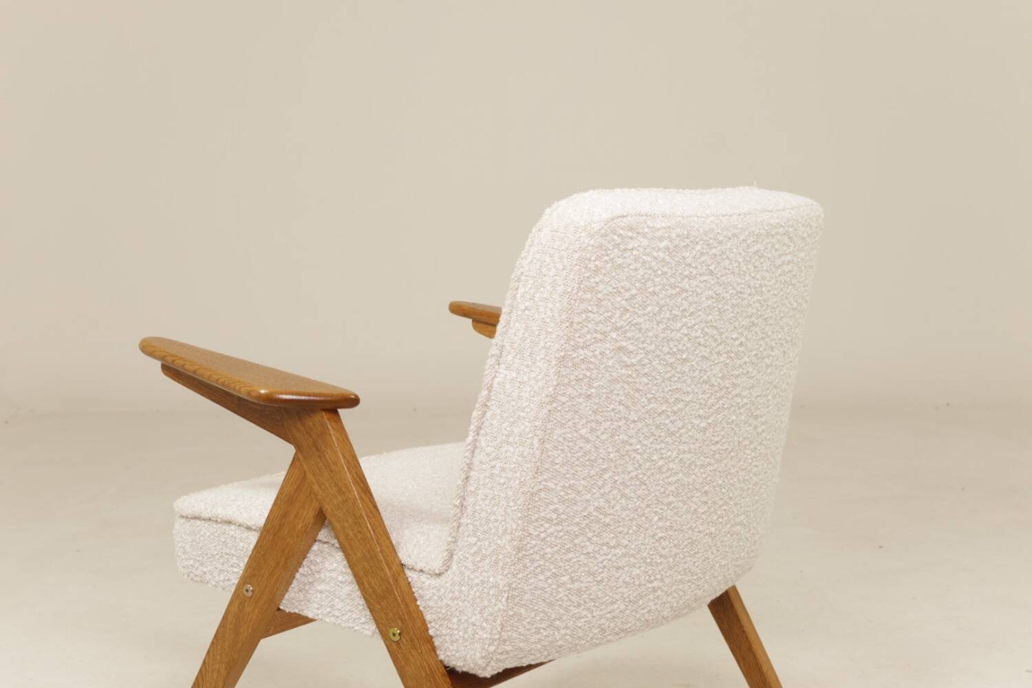 Vintage armchair rustic oak pearl bouclé concluded by Chierowski