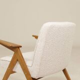 Vintage armchair rustic oak pearl bouclé concluded by Chierowski
