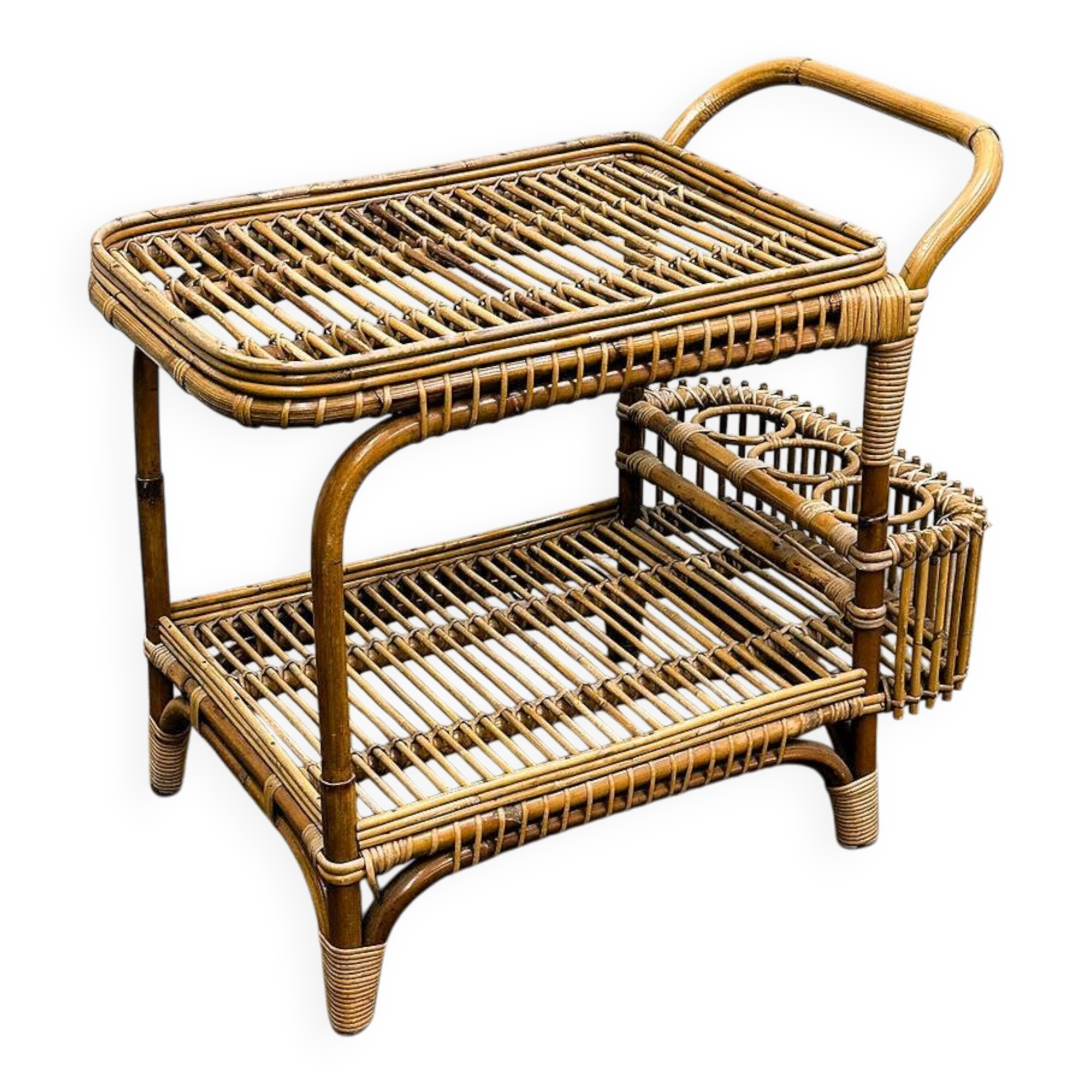 Vintage Italian rattan bar cart with bottle holder, 1970s