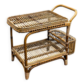 Chariot de bar vintage italien en rotin avec porte-bouteilles, années 1970