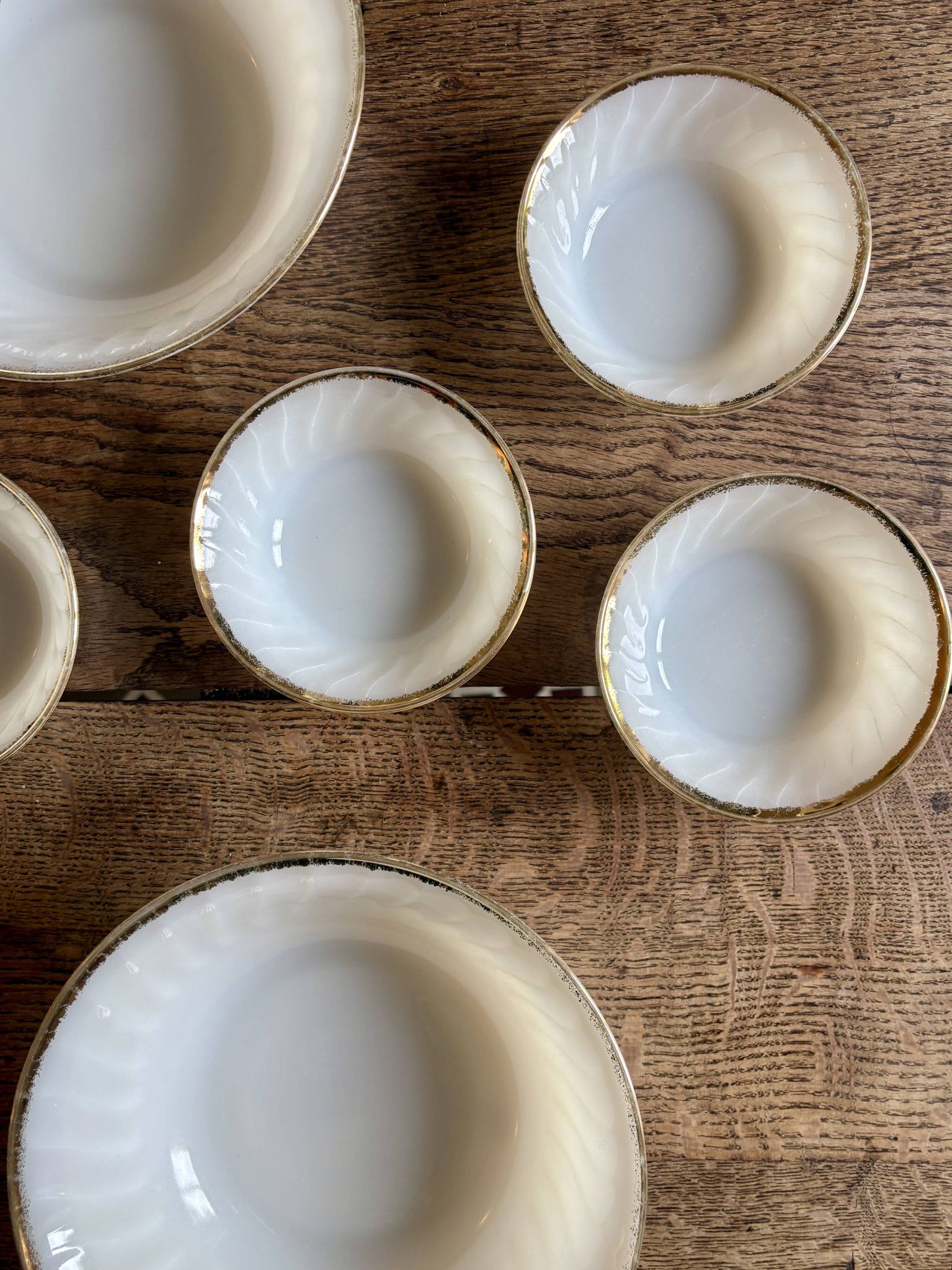 Set of vintage Fire King ramekins and bowls.