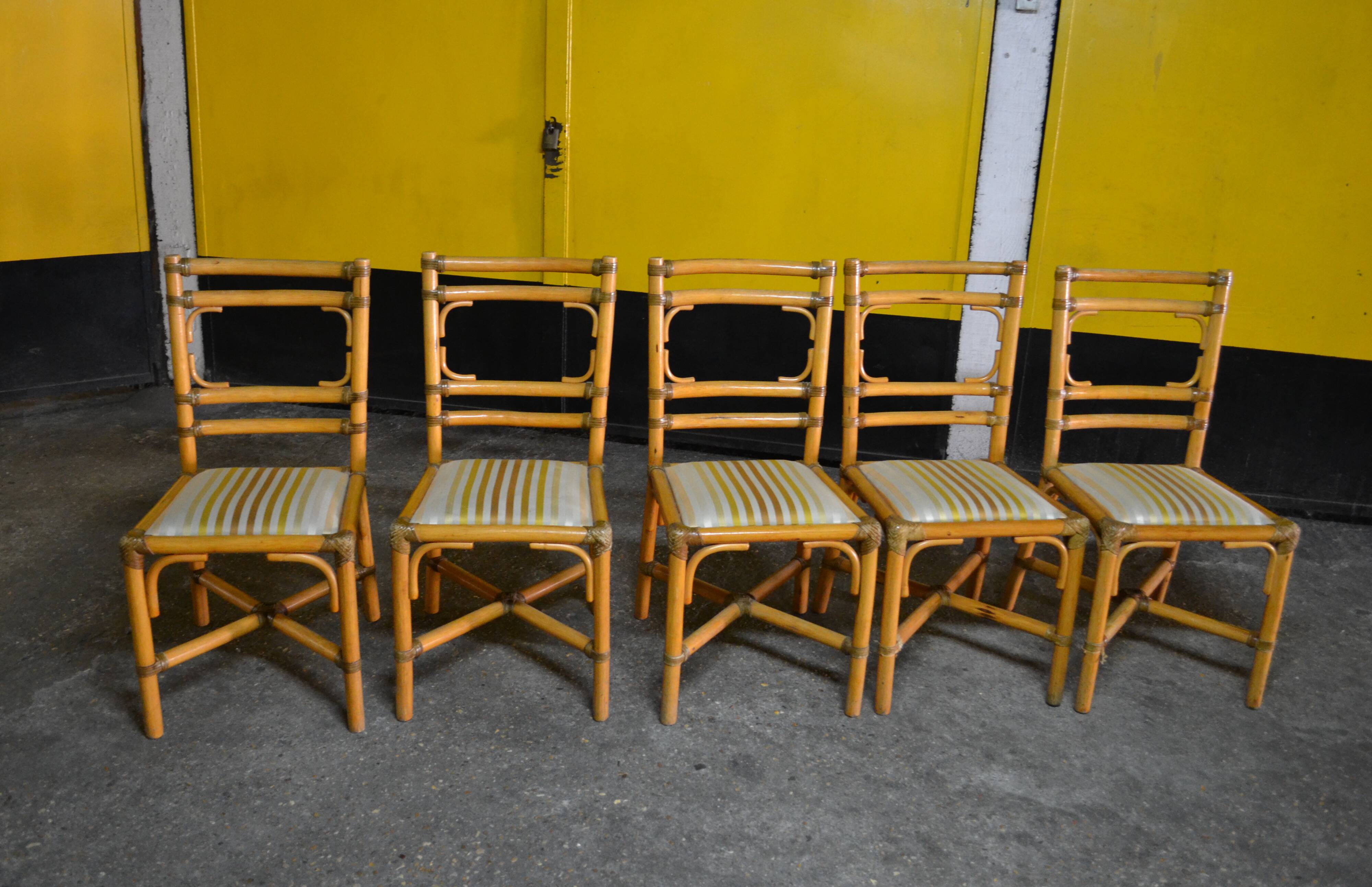 5 chaises bambou rotin années 60/70