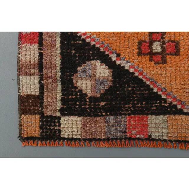 1970s Vintage Turkish Handmade Wool & Cotton Orange Runner Rug 82x340