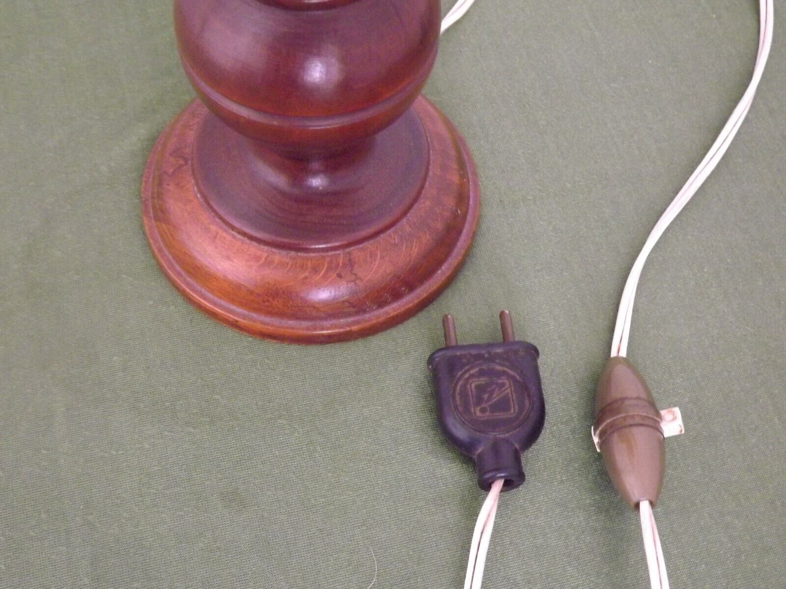 French Mid Century Round Turned Wood Table Lamp With Hide Skin Shade 4025