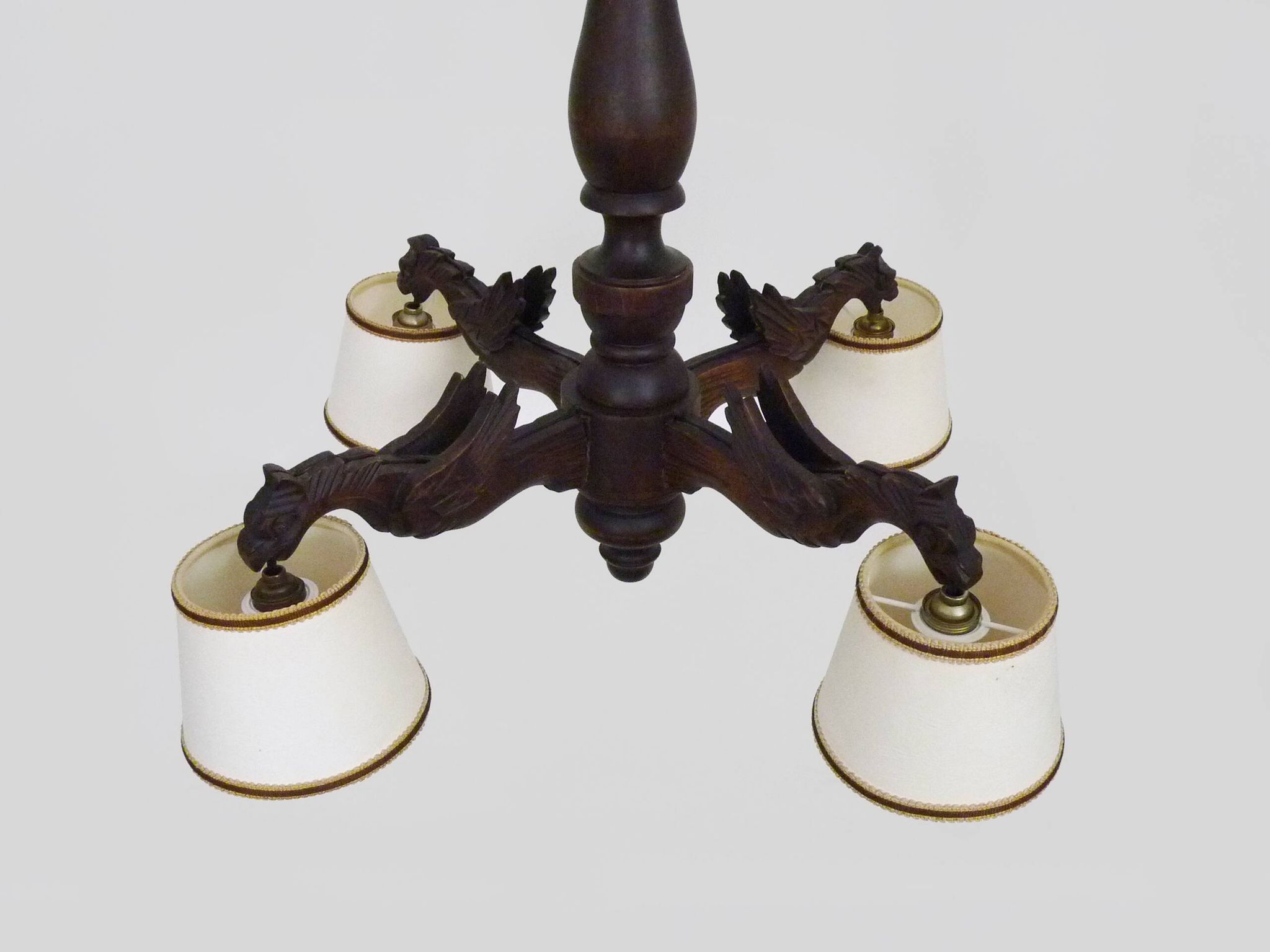 Antique hand-carved wooden dragon chandelier with 4 lights from the 1950s