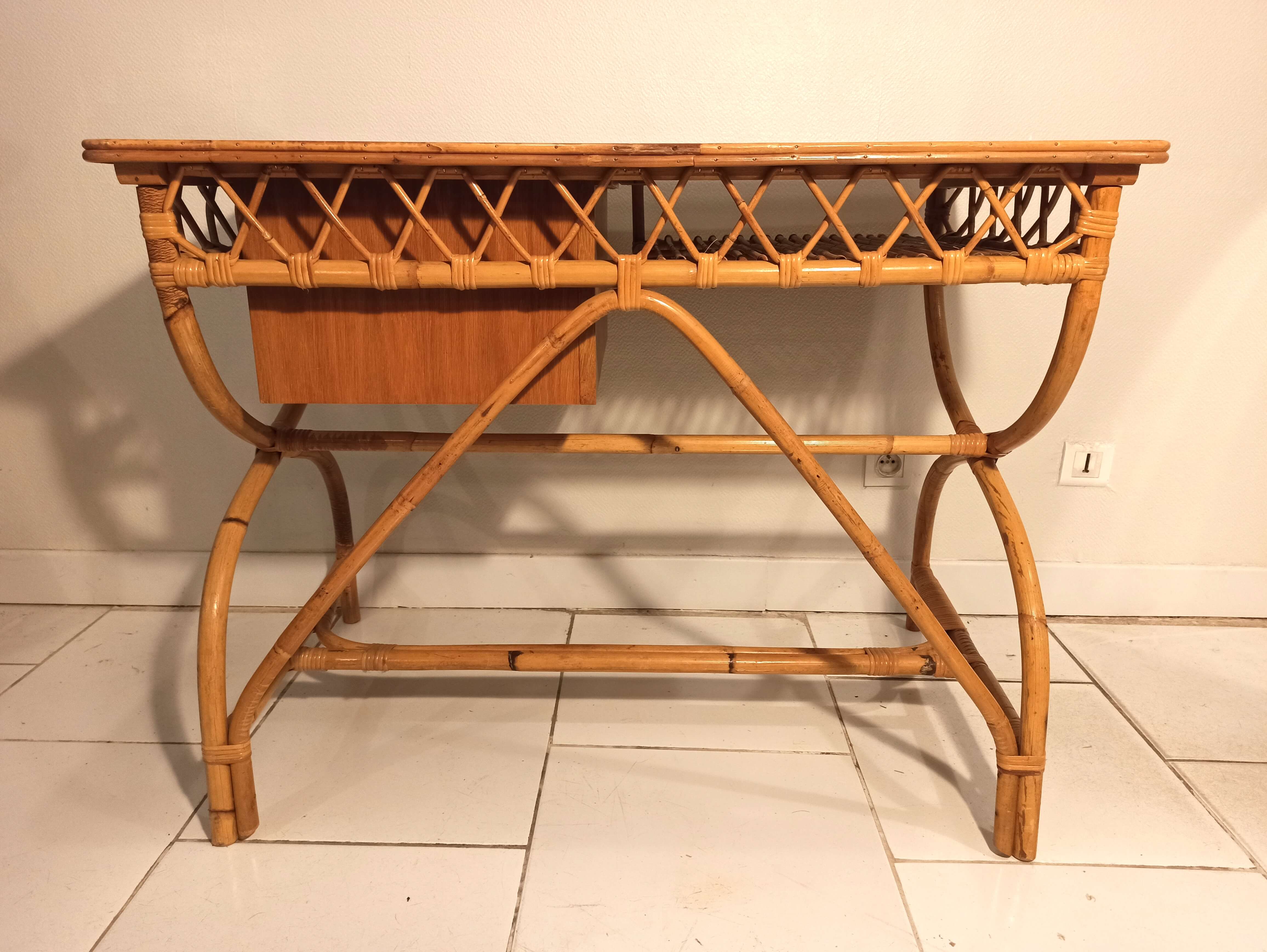 Louis Sognot vintage rattan desk and chair