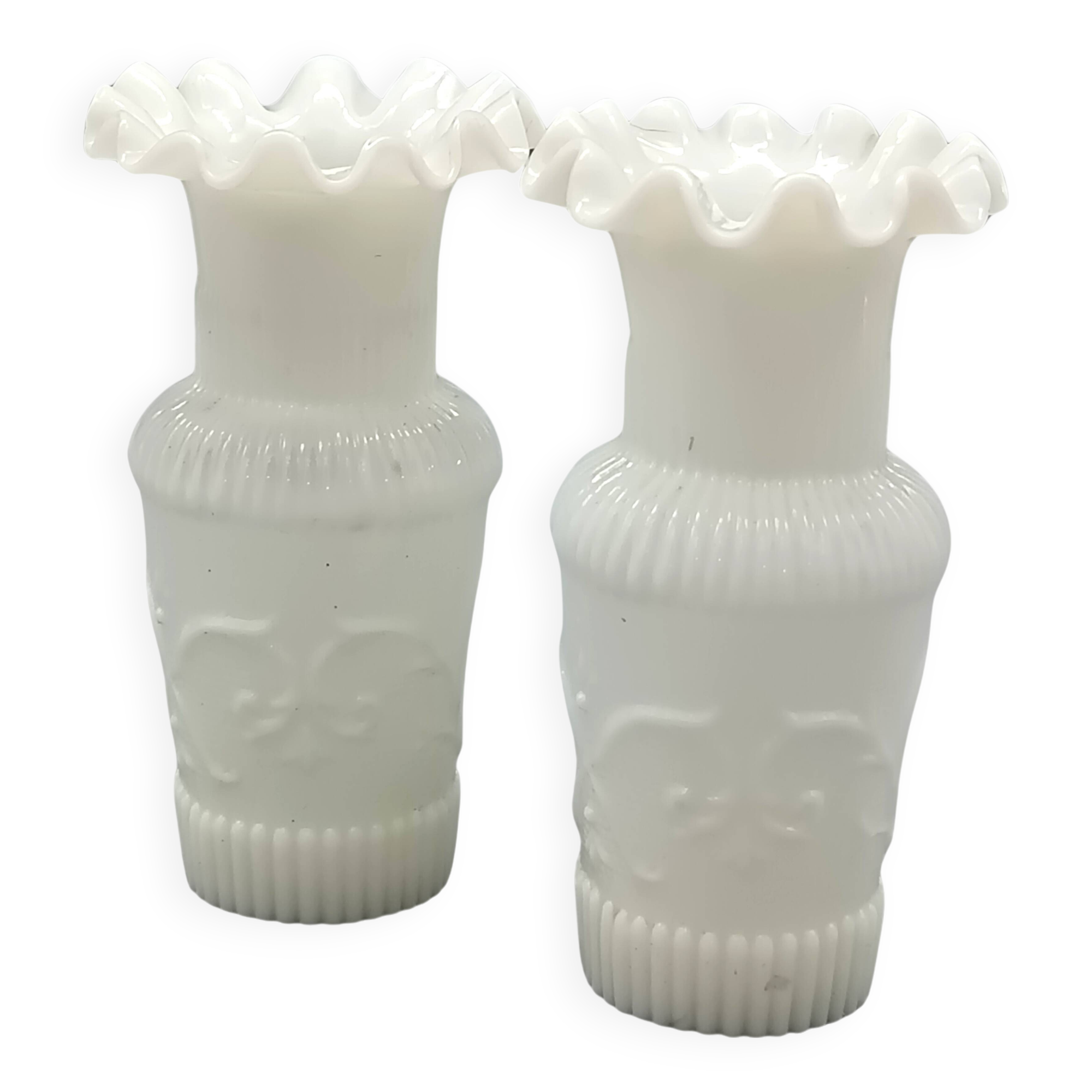 Pair of small antique white opaline fairground vases, vintage, french