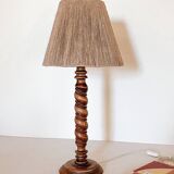 Turned wood lamp and jute lampshade