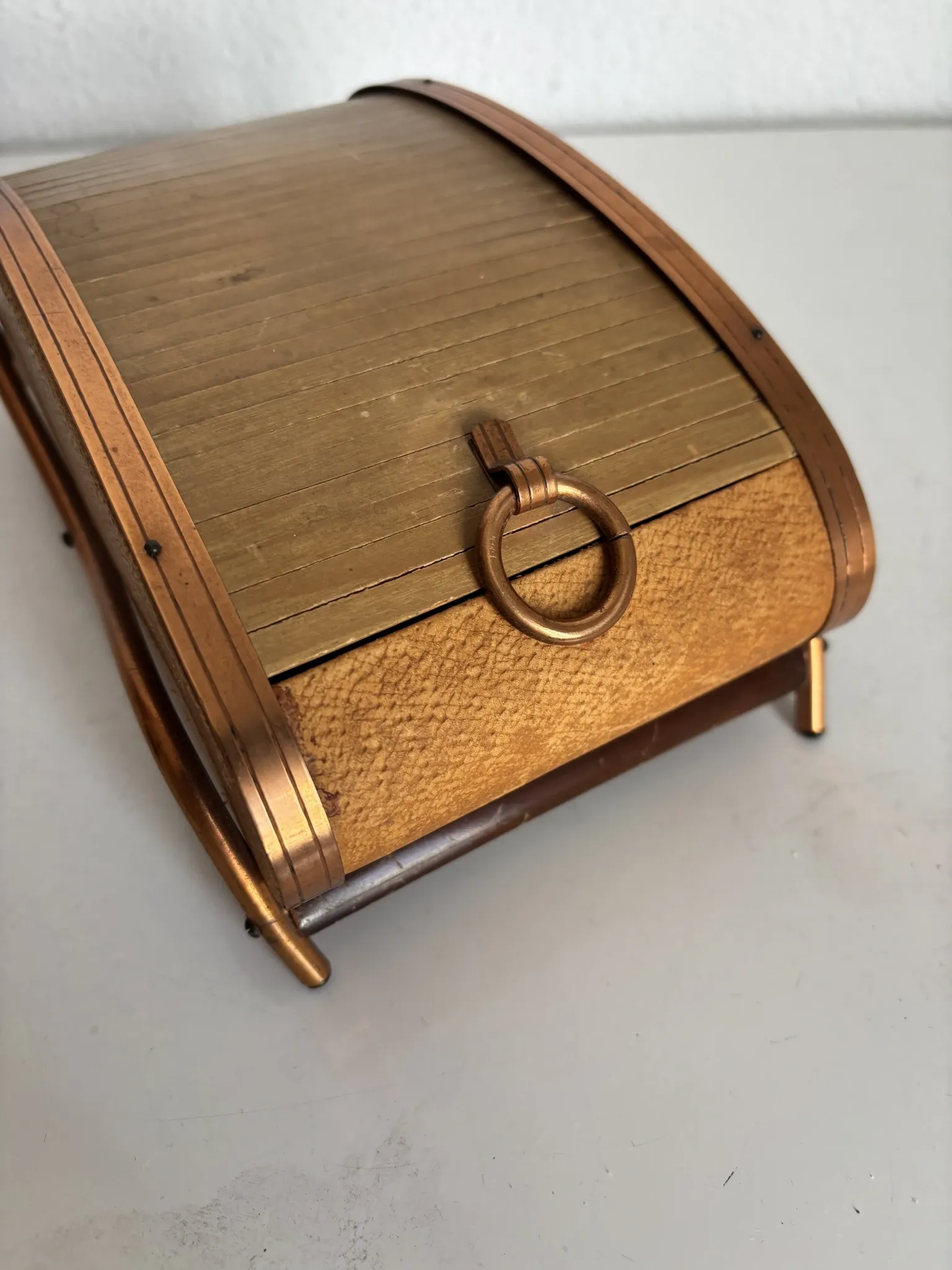 Vintage cigarette dispenser 1960 curtain box wood copper - 21 x 12 cm