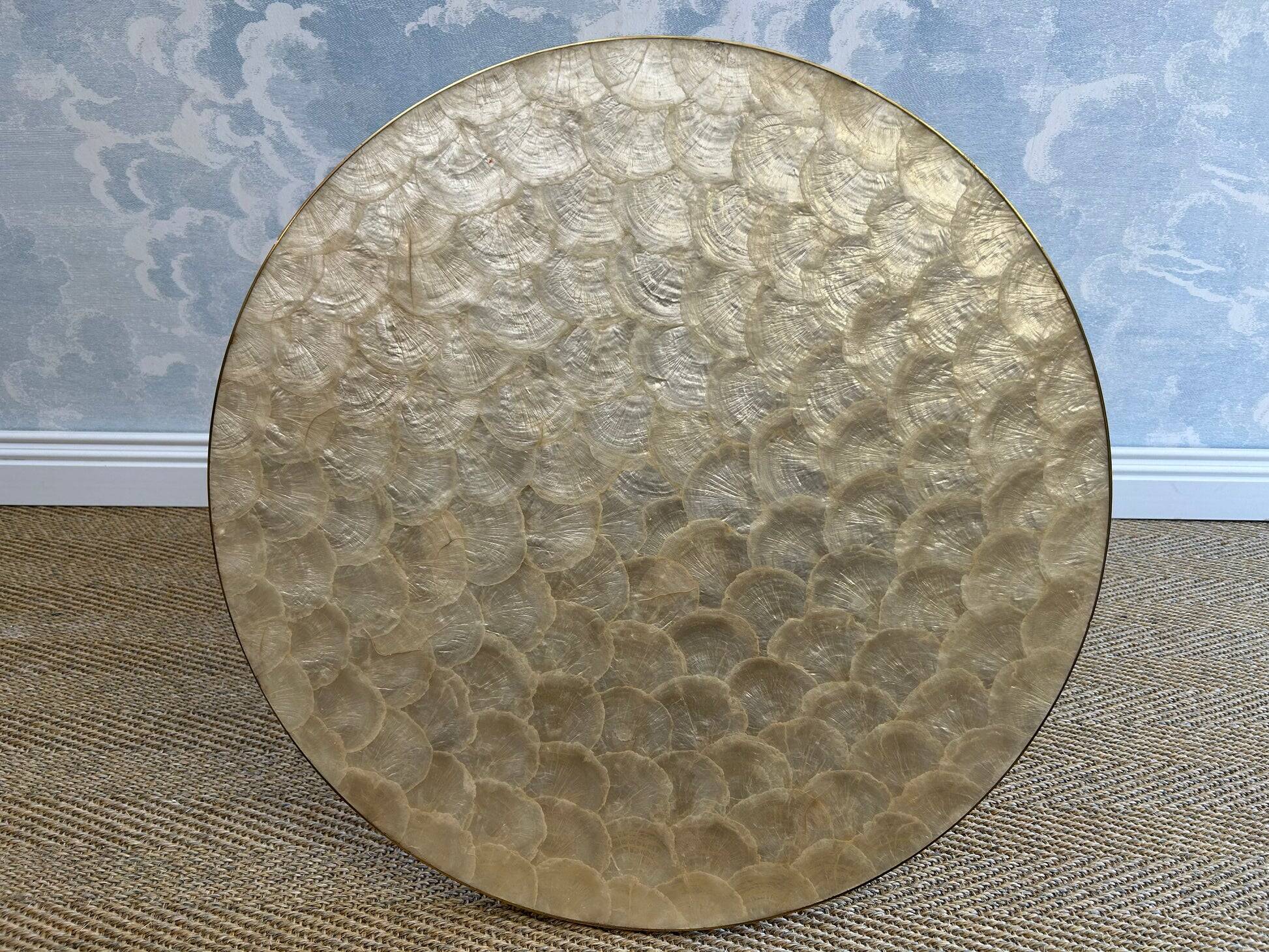Capiz shell side table with a brass base by Vereinigte Werkstätten Munich, Germany, 1960s.
