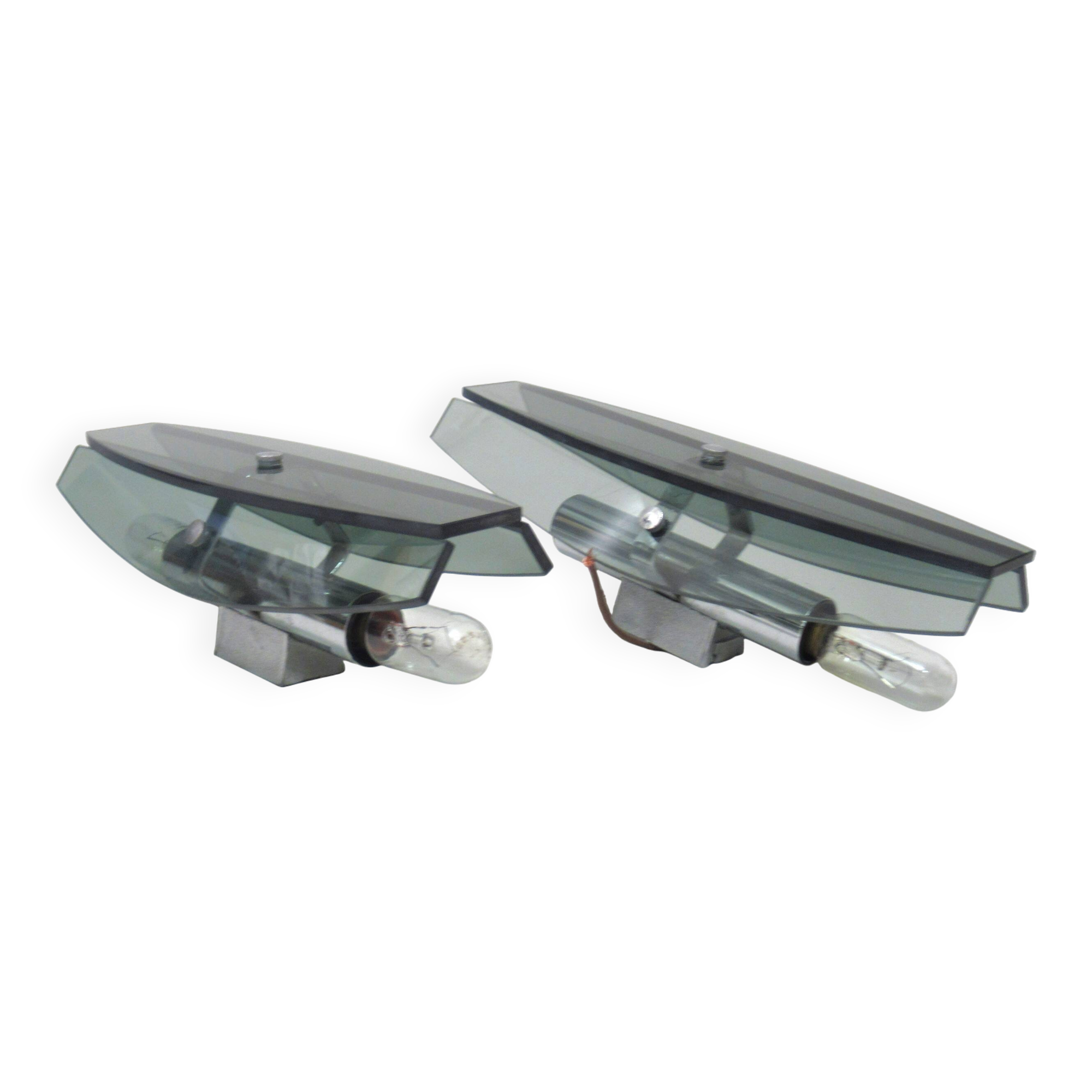 Pair of Veca smoked glass and chrome wall lights from the 70s