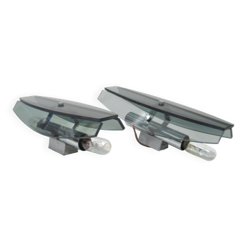 Pair of Veca smoked glass and chrome wall lights from the 70s