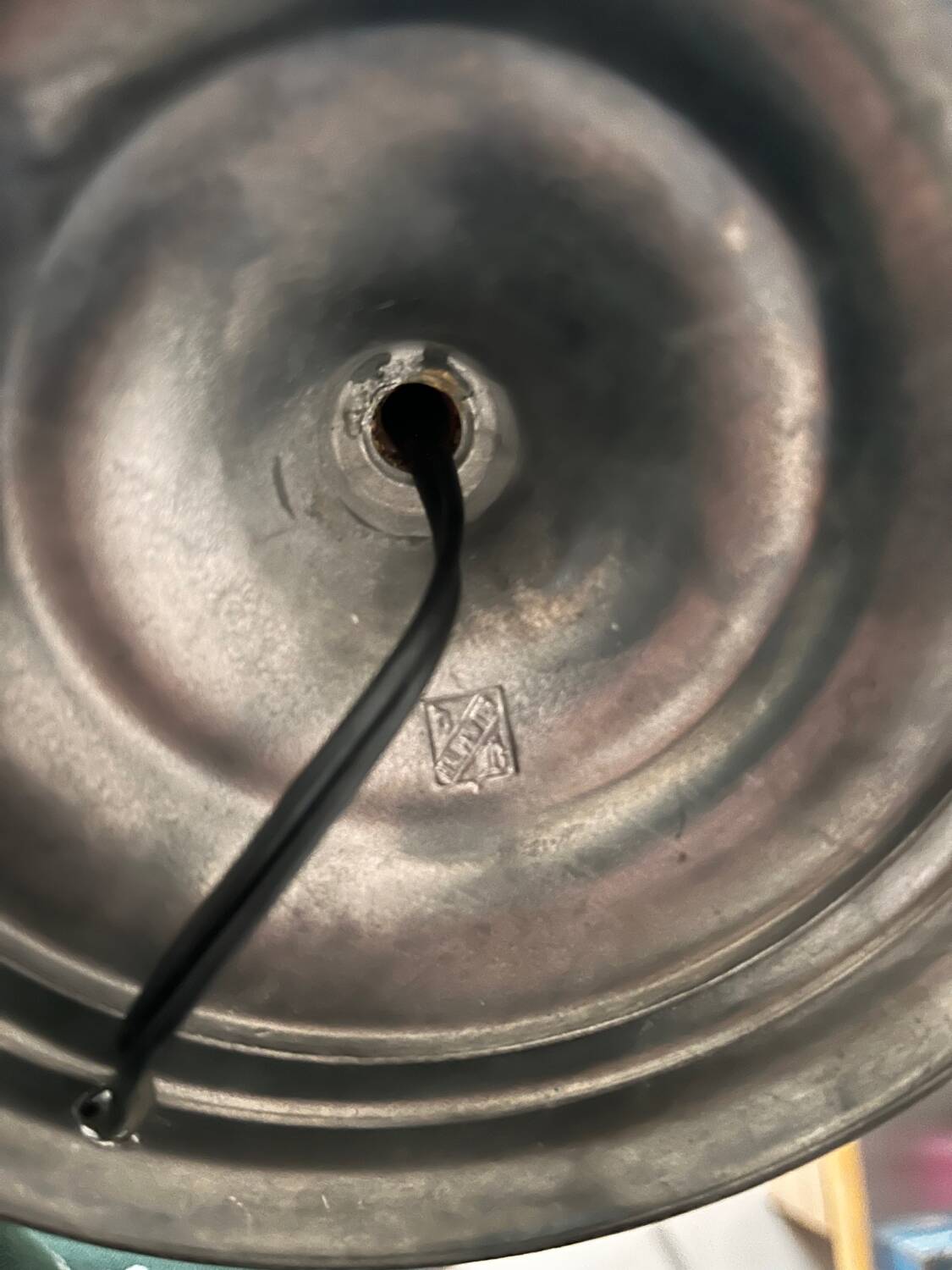 Vintage table lamp, front light, rice paper, pewter base, signed