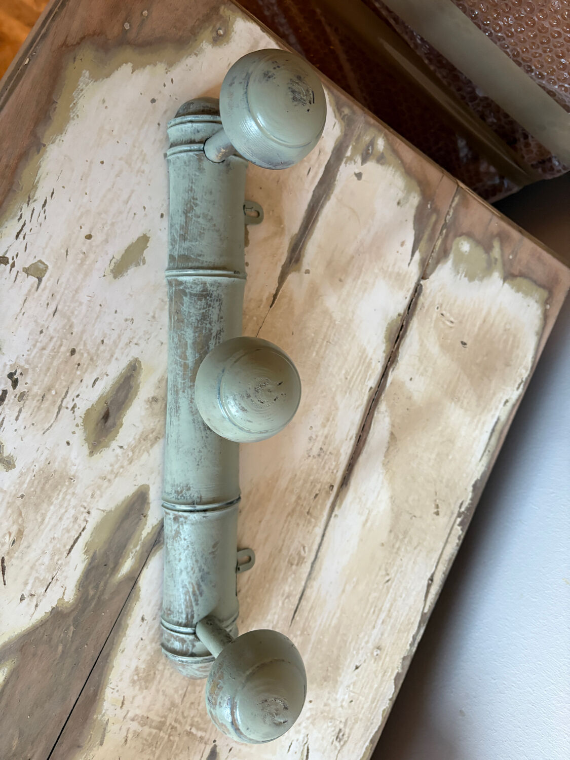 Antique coat hook, cerused green celadon