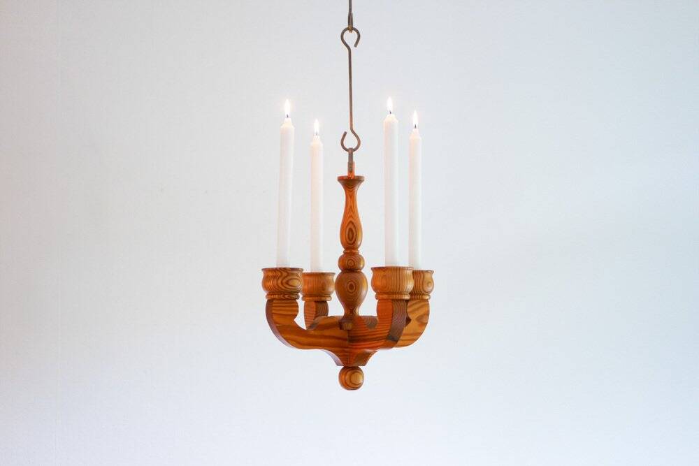 Rustic wooden pendant chandelier candleholder from Smålandsslöjd, Sweden, 1975