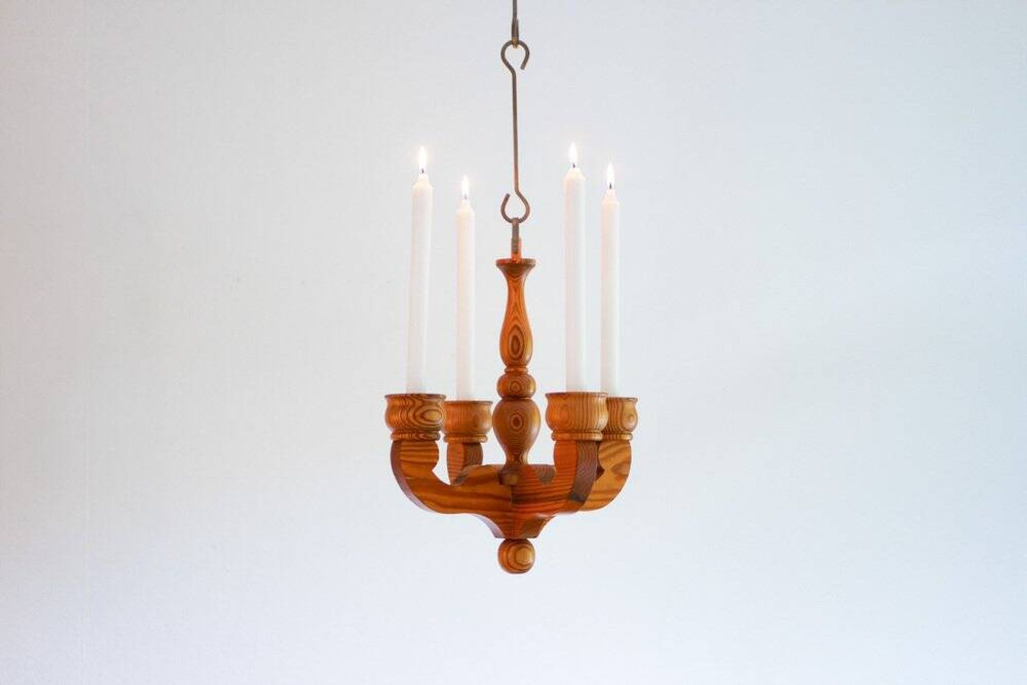 Rustic wooden pendant chandelier candleholder from Smålandsslöjd, Sweden, 1975