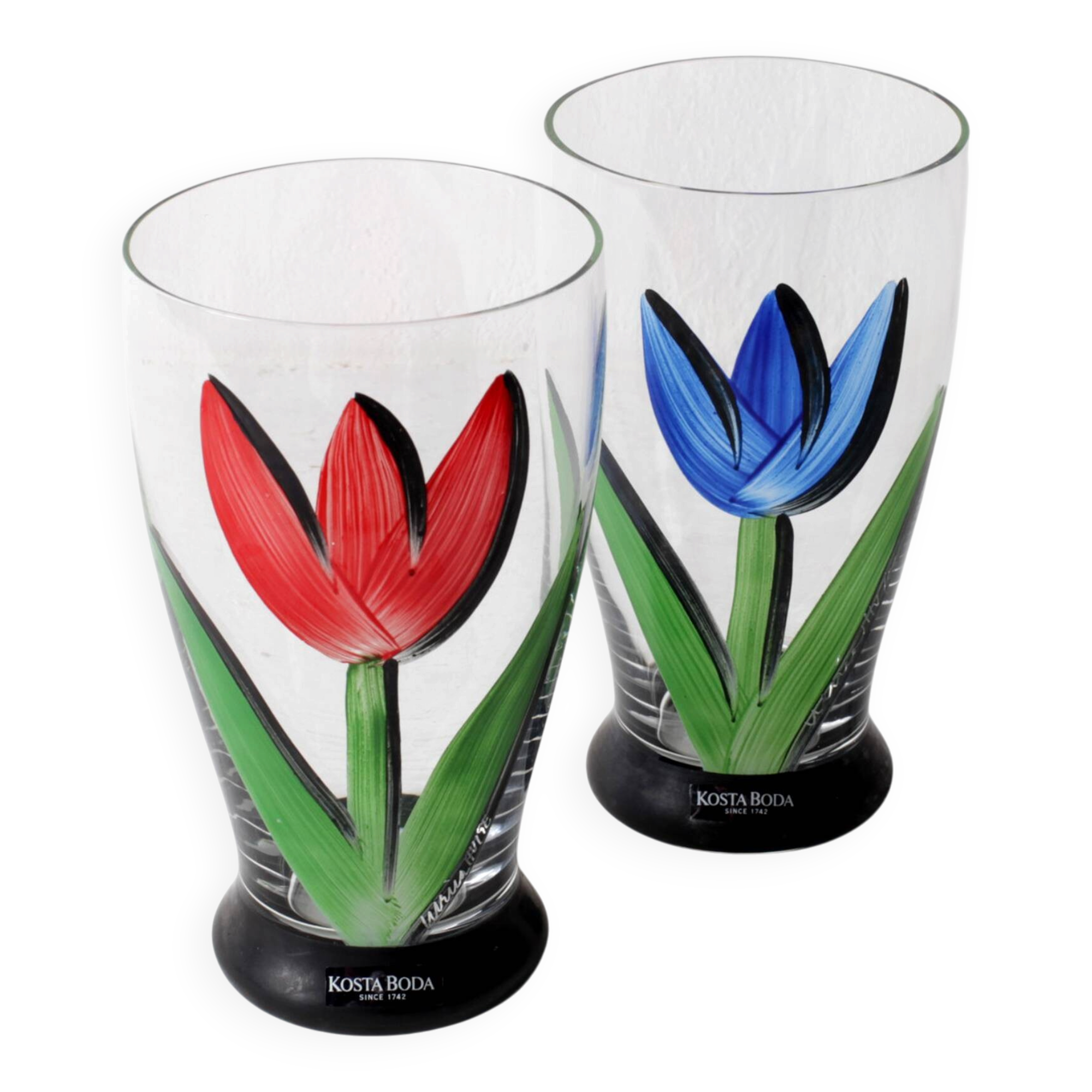 Set of 2 Red and Blue Tulip Flower Water Tumblers Kosta Boda Ulrica Hydman