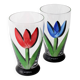 Set of 2 Red and Blue Tulip Flower Water Tumblers Kosta Boda Ulrica Hydman