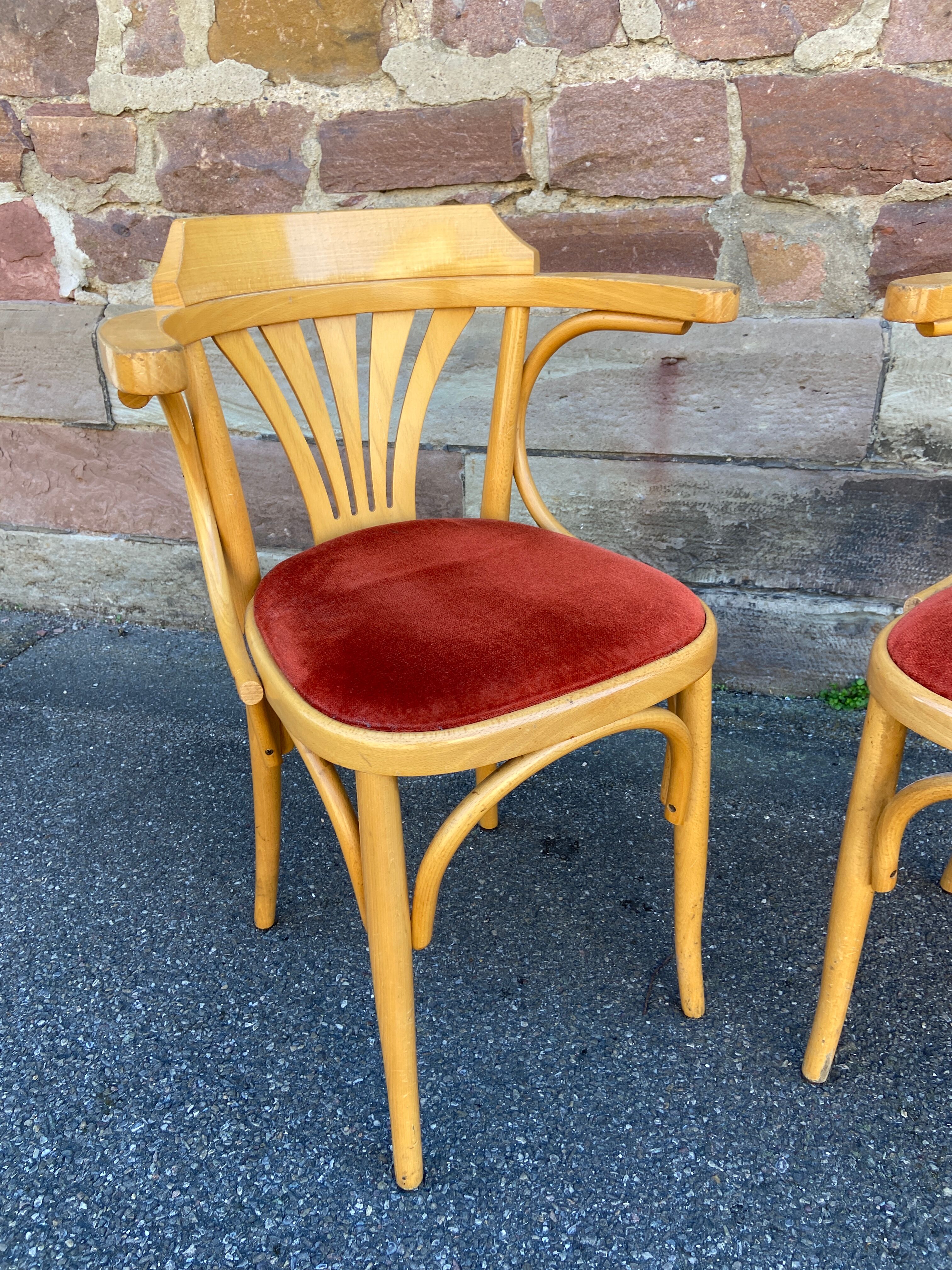 Pair of vintage 80s thonet Baumann style curved wood restaurant armchairs