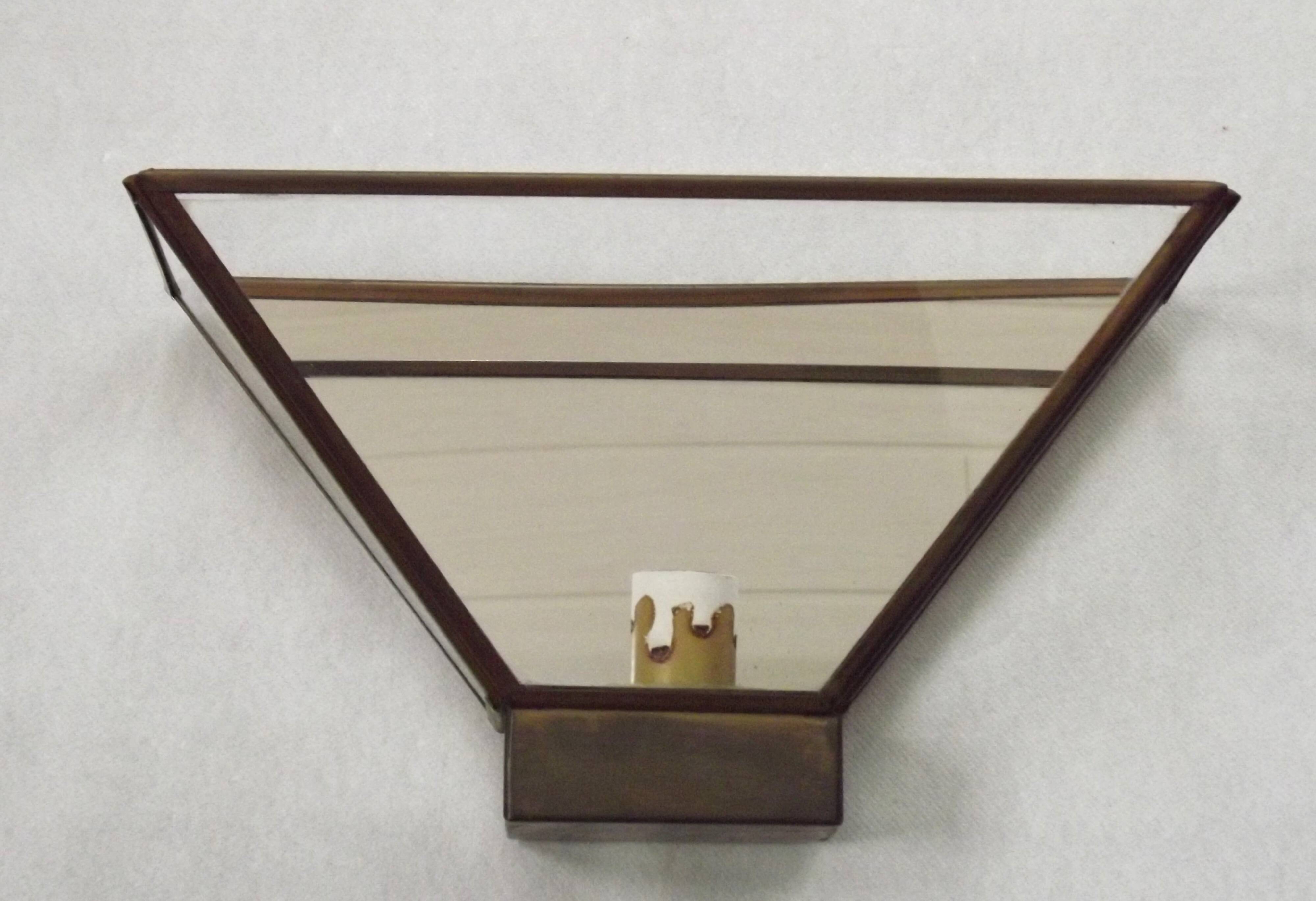 Matching Pair French Mid Century Copper & Glass Single Mirrored Wall Lights 5138