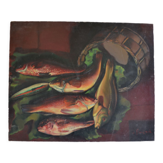 Nature morte aux poissons hst 61 x 50 cm charles floutard ( 1926 2006 )