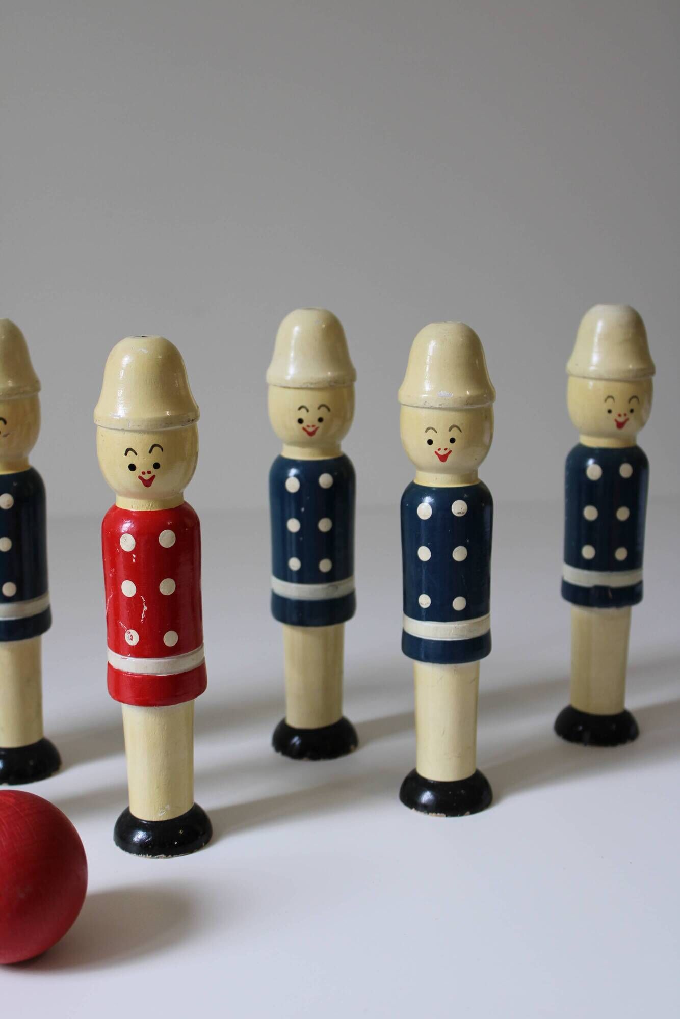 Vintage 1970s wooden soldier bowling set or bowling alley