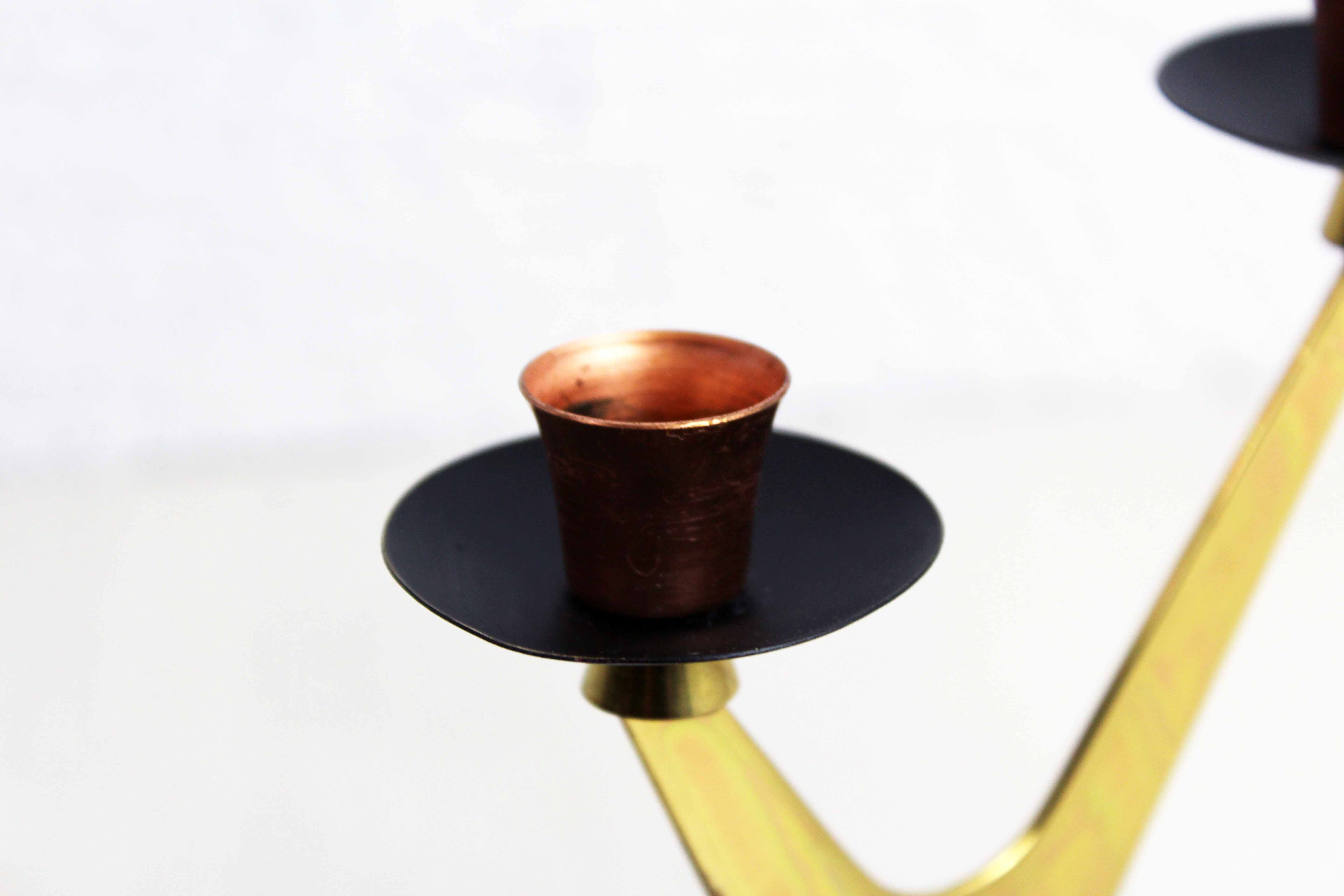 Double teak and brass candle holder