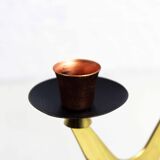Double teak and brass candle holder