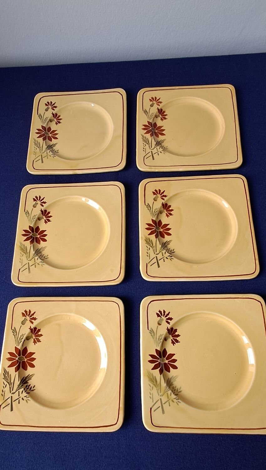 6 square dessert plates, ironstone. 1940s-50s.