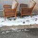 Pair of vintage cannage and fabric armchairs