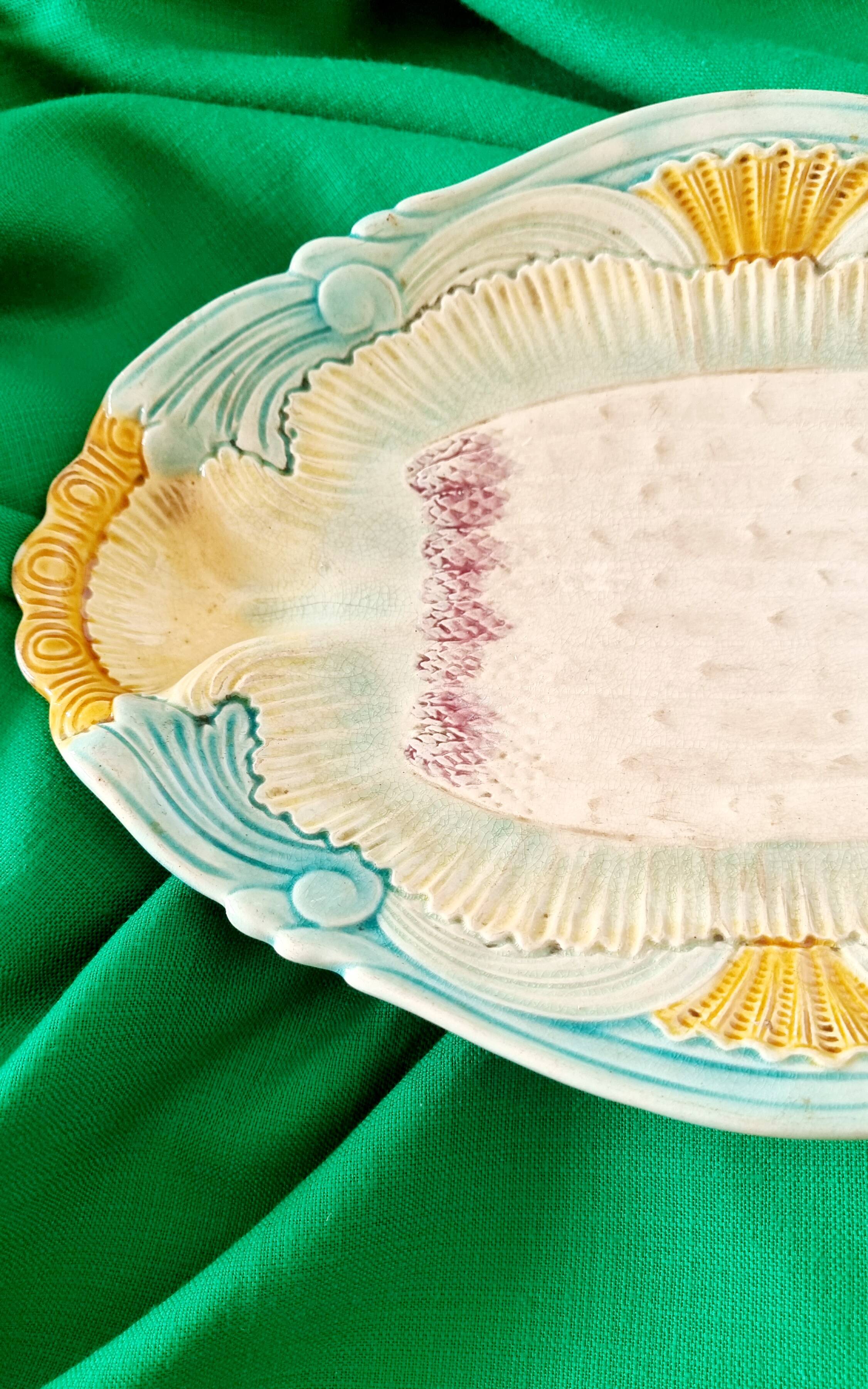 Rare and exquisite oval asparagus dish in Barbotine earthenware (majolica).