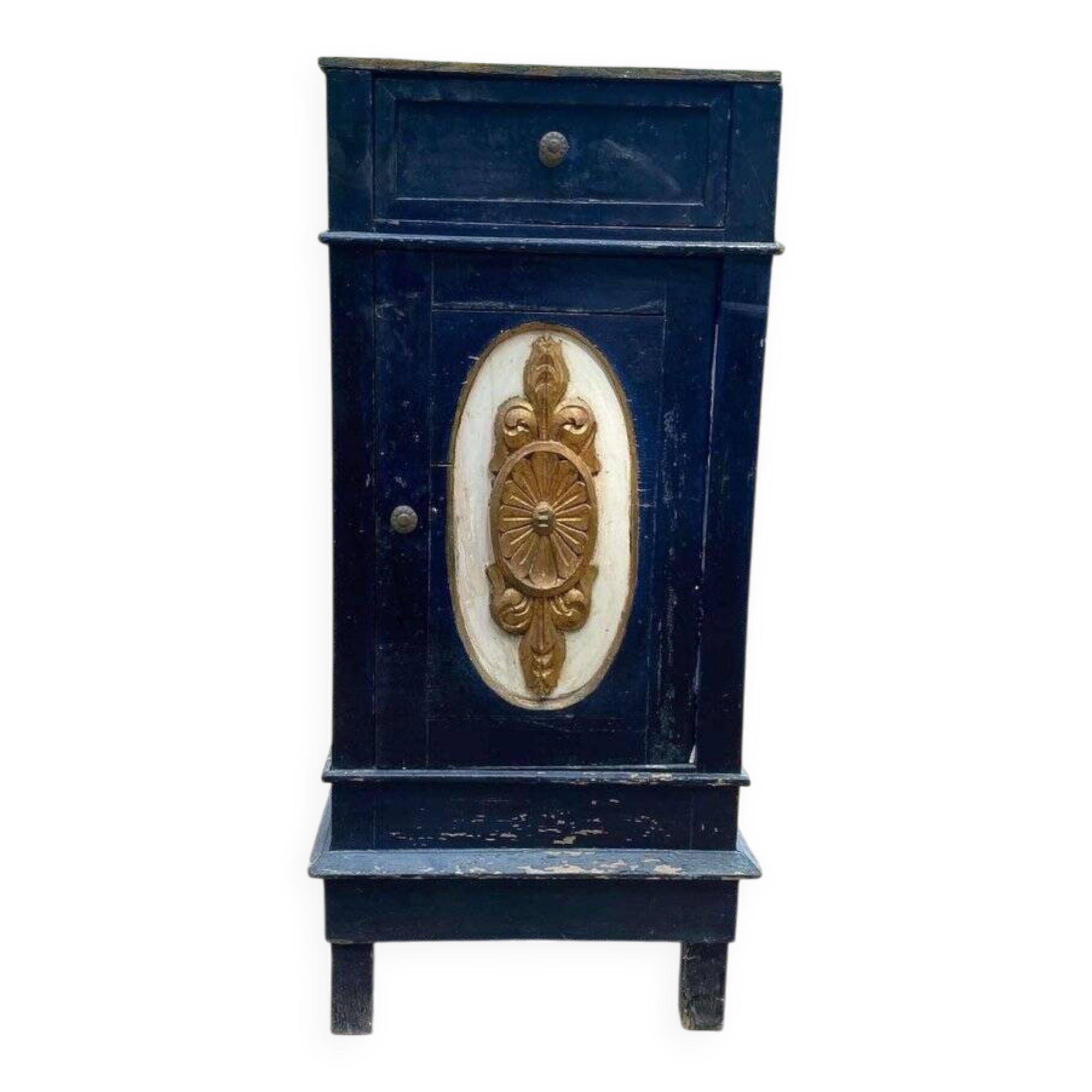 Table de chevet Art déco italienne bleue en bois peint, porte, tiroir et médaillon doré sculpté