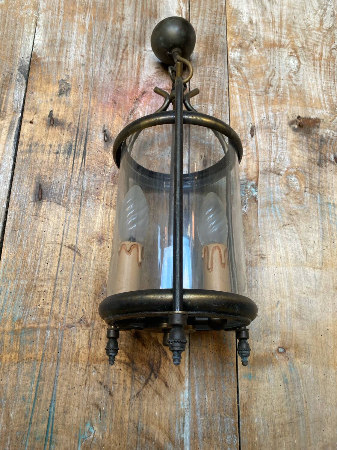 Antique brass lantern pendant light 2 lights + vintage glass cylinder
